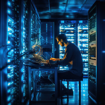 Cutting-edge Vision: Tech Guru in Futuristic Data Center Utilizing Laptop Amidst Warehouse, Streamlined Digitalization with Server-Based Information. SAAS, Cloud Computing, Web Service Empowered