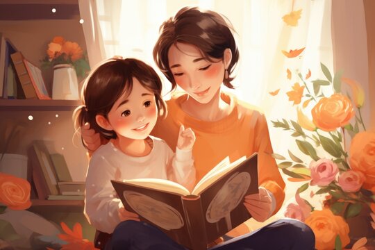 mom reading a book to her daughter - happy quality time 