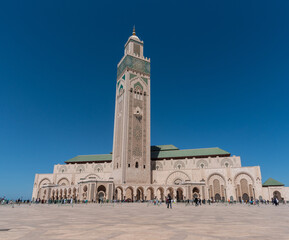 Fototapeta na wymiar Exterior of the famous Hassan II Mosque at the coast of Casablanca in Morocco