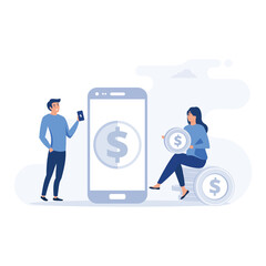 Girl in smartphone transferred, sent money, coins, cash to electronic account on Internet to man. Successful transaction, flat vector modern illustration