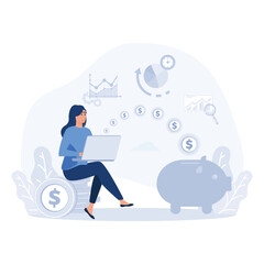 A young woman works at a laptop to study and fulfill financial savings. Money is flying in a piggy bank, flat vector modern illustration