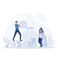 Family couple saving money. Man and woman inserting cash into glass jar, flat vector modern illustration