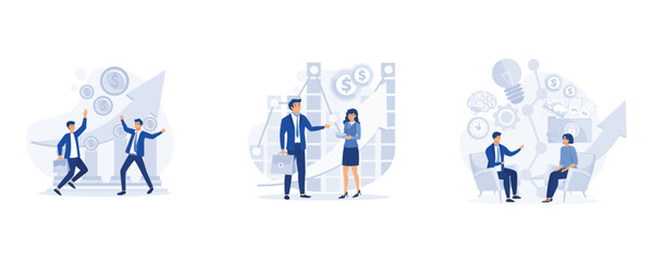 Business people stepping up on coins, business analysis and planning, business porters a successful team, set flat vector modern illustration