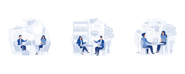 job interview, recruitment or hiring. HR specialist having an interview with job applicant,  interview background, set flat vector modern illustration   - obrazy, fototapety, plakaty