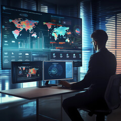 An analyst uses a computer and dashboard for data business analysis 