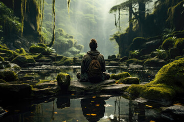 Obraz na płótnie Canvas A Man Meditating Against A Mystical Forest Enveloped In Mist. Generative AI