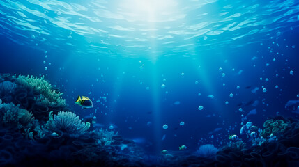 Naklejka premium Ocean Underwater Background with Fishes, copy space