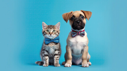 Happy Cute Kitten And Puppy With Collars On Blue Background. Generative AI