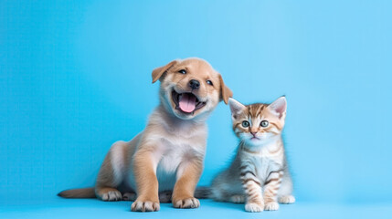 Kitten And Puppy Licking Happy Cute On Blue Background. Generative AI