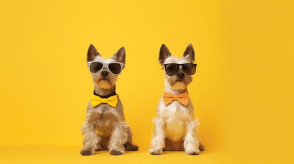 Sunglasses Happy Cute Two Dogs With Collars On Yellow Background. Generative AI
