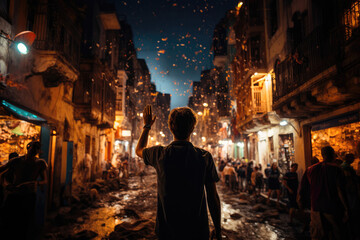 Fototapeta na wymiar Young Traveler Hand To The Side In A Vibrant Street Filled With Cultural Festivities. Generative AI