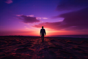 The Man On A Purple And Orange Sunset. Generative AI