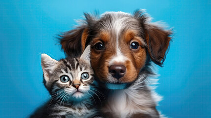 Kitten And Puppy Cuddling Happy Cute On Blue Background. Generative AI