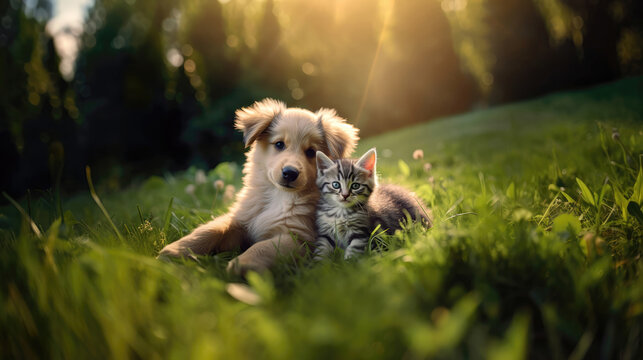 Kitten And Puppy Cuddling Happy Cute On The Grass. Generative AI