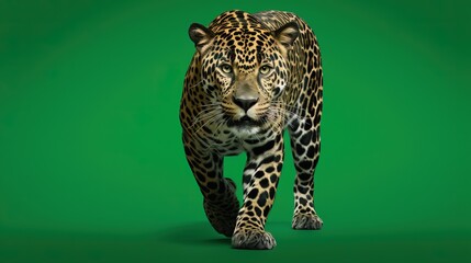 Fototapeta na wymiar a leopard walking on a green background. Generative AI Art.