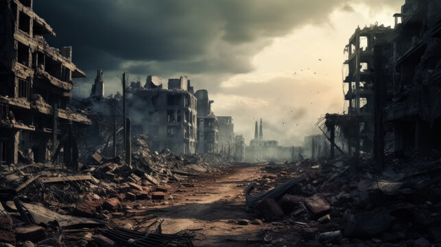 War-torn city with destroyed buildings background with empty space for text