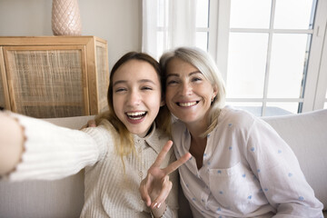 Cheerful carefree teenage kid girl and happy mature grandma taking selfie together at home, looking at camera with toothy smiles, smiling, laughing, holding gadget with webcam