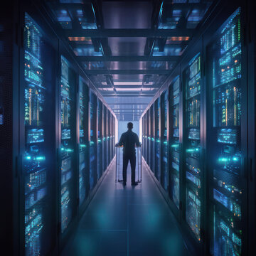 Cutting-edge Vision: Tech Guru in Futuristic Data Center Utilizing Laptop Amidst Warehouse, Streamlined Digitalization with Server-Based Information. SAAS, Cloud Computing, Web Service Empowered