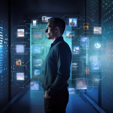 Cutting-edge Vision: Tech Guru in Futuristic Data Center Utilizing Laptop Amidst Warehouse, Streamlined Digitalization with Server-Based Information. SAAS, Cloud Computing, Web Service Empowered