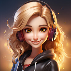 Happy girl listing to music whit her headphones - AI generative