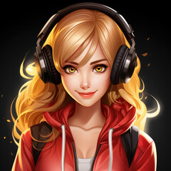 Happy girl listing to music whit her headphones - AI generative