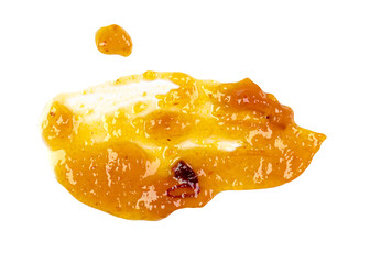 Abstract smear of yellow mango sauce, jam isolated on white, top view, PNG