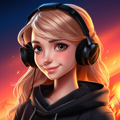 Happy girl listing to music whit her headphones - AI generative