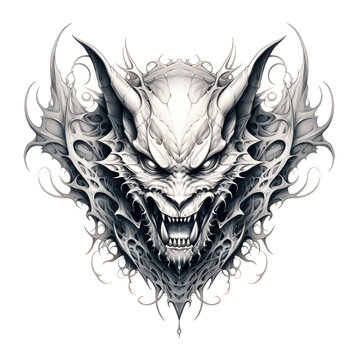 tattoo flash design of a gargoyle, in black and white ink tattoo style, clean white background