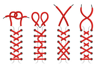 Red lace shoes. Schemes of tying shoelaces. Icon set with tied and untied shoelaces isolated on white background. Lace different options, how to lace up shoes