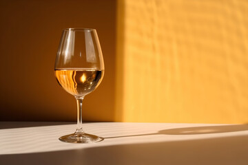 A glass of wine in the sun on a yellow background. Generative AI