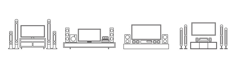 Simple set of home theater flat vector icon line. Flat electronics vector icon for home theater full HD system on white background. Modern icon isolated on white. Vector illustration for web.