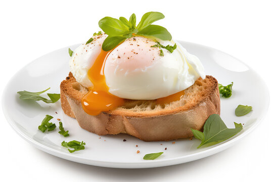 Sliced poached egg with liquid yolk flowing out on a slice of toasted bread isolated on a white background. Healthy bruschetta for breakfast with greenery on white plate. Generative AI.