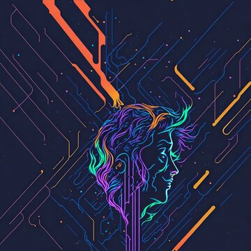 Photo of a colorful abstract portrait of a woman's head with vibrant lines in the background