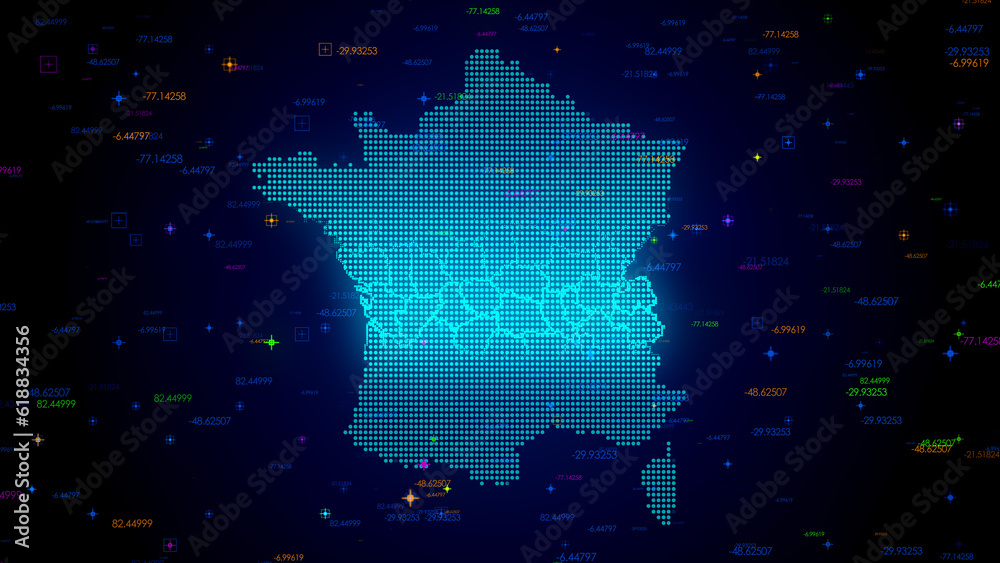 Wall mural futuristic blue colorful shiny digital technology hud dots mosaic grid france map light scanning wit