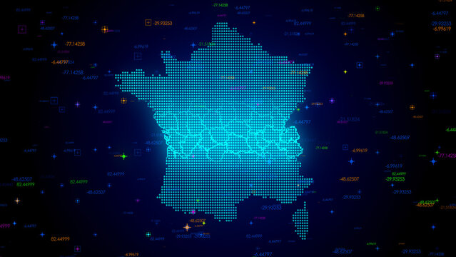 Futuristic Blue Colorful Shiny Digital Technology Hud Dots Mosaic Grid France Map Light Scanning With Numeric Tech Particles Background