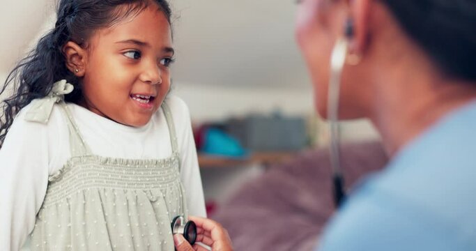 Breath, doctor and girl in a consultation, kid and healthcare issue with results, stethoscope and discussion. Female person, child and medical professional with cardiology, breathing and appointment