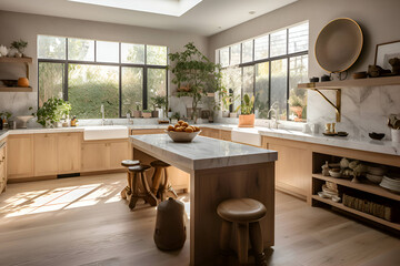 Kitchen interior with wooden furniture in boho style, Generative AI 1