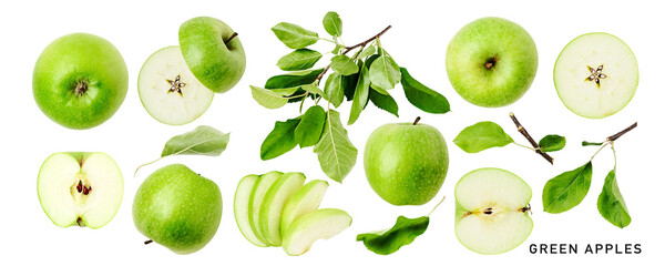 Fresh green apple fruits isolated. PNG with transparent background. Flat lay. Without shadow. - Powered by Adobe