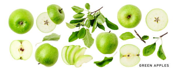 Fresh green apple fruits isolated. PNG with transparent background. Flat lay. Without shadow.