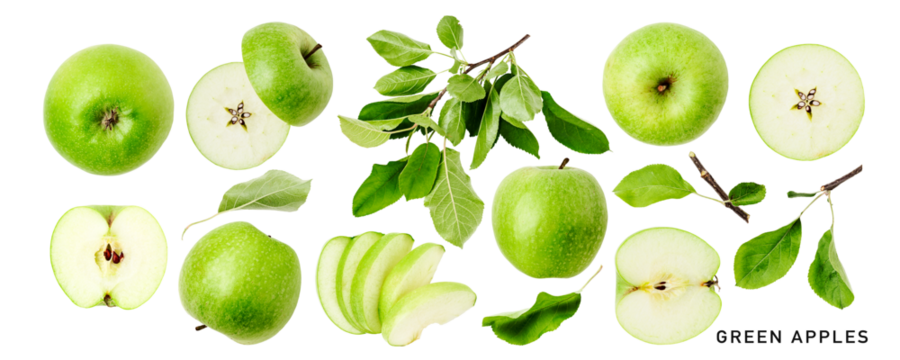 Fresh green apple fruits isolated. PNG with transparent background. Flat lay. Without shadow.