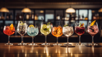  colorful gin tonic cocktails in wine glasses on bar counter in pub or restaurant,  Created using generative AI tools.