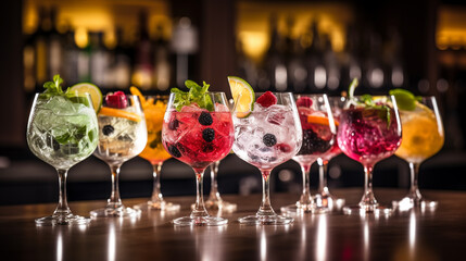  colorful gin tonic cocktails in wine glasses on bar counter in pub or restaurant,  Created using generative AI tools.