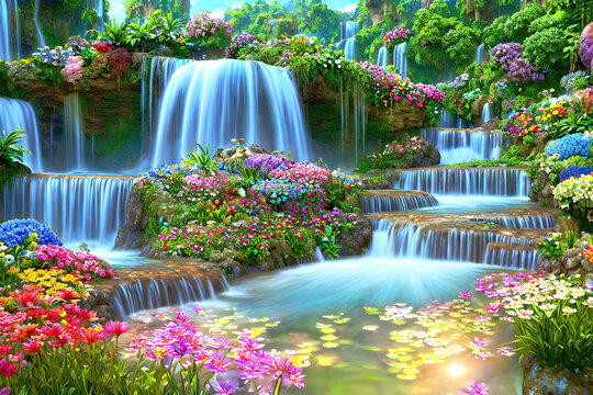 Paradise land with beautiful  gardens, waterfalls and flowers, magical idyllic background with many flowers in eden.