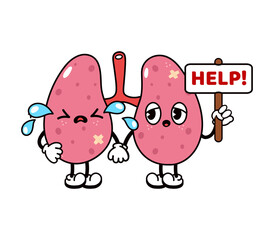 Sad suffering sick cute human Lungs organ asks for help character. Vector flat cartoon illustration icon design. Isolated on white backgound. Suffering unhealthy Lungs character concept