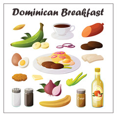 Cute vector illustration of a dominican breakfast with all its ingredients.