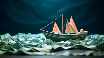 origami-style ship on the ocean