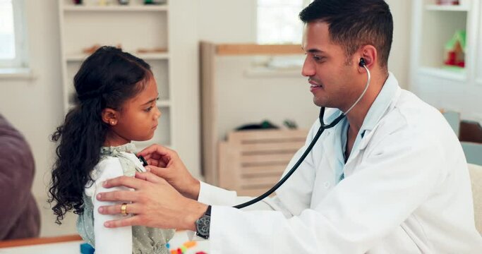 Healthcare, doctor and girl in a consultation, kid and checkup with diagnosis, results or appointment. Male person, female child or medical professional with medical exam, stethoscope or pediatrician