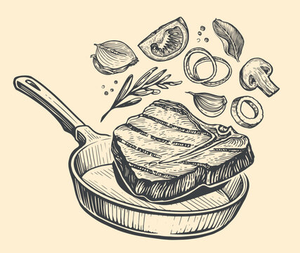 Cooking beef steak with spices and vegetables in a frying pan. Grill food, barbecue concept. Sketch vector illustration