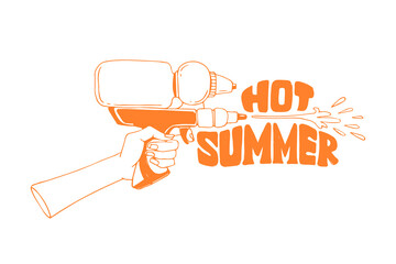 Vector hand-drawn illustration of a water gun and inscription. Hot summer. Funny sketch for sticker or t-shirt design. - 618837363