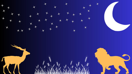 Beautiful Africa by night - Fascinating wildlife - lovely background illustration with lion and antelope - african nature